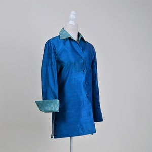 Seiden-Nehru-Kragenmantel, leuchtend blaue Jacke für Frauen, Hochzeitsgast, Seidenopernmantel, besonderer Anlass, langer Mantel, Graben, maßgefertigt, Geschenk für sie