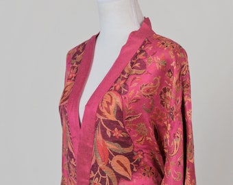Cerise Silk Wool Kimono Robe: Plus Size Reversible Dressing Gown