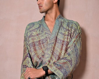Tea Green Cashmere Wool Silk Kimono Robe: Men's Reversible Dressing Gown, Bathrobe, Uinsex Gown