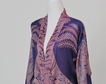 Picotee Blue Silk Wool Kimono Robe: Reversible Dressing Gown