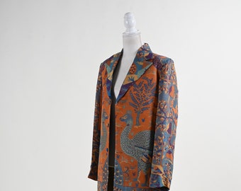 Orange Long Silk Coat, Trench Coat, Women Silk Jacket, Elephant design Coat, Unisex, Wedding Guest Outfit, Cardigan, Gift for Him/Her