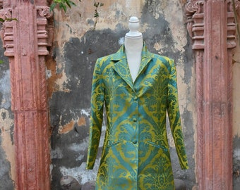 Lime Aqua Floral Women Silk Jacket, Wedding Guest Outfit, Long Silk Coat, Silk Brocade Coat, Trench Coat, Unisex Jacket, Gift for Him/Her