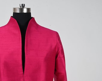 Deep Pink Jacket for Women, Silk Nehru Collar Coat, Wedding Guest, Silk Opera Coat, Special Occasion, Long Coat, Trench, Bespoke, Gift Her