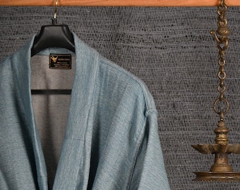 Cadet Blue Vicuna Robe, Luxurious Dressing Gown, Bath Robe, Lounge Wear, Kimono Robe, Authentic Peruvian Vicuña Fiber, Unisex, Gift Him/Her