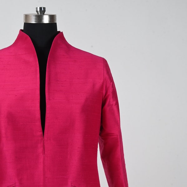 Deep Pink Jacket for Women, Silk Nehru Collar Coat, Wedding Guest, Silk Opera Coat, Special Occasion, Long Coat, Trench, Bespoke, Gift Her