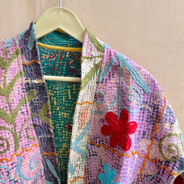 Traditional Jacket, Quilt Jacket, Jacket for Women, Reversible Kantha Kimono, Unisex Kantha Jacket, Hand Embroidered Jacket, Gift Ideas