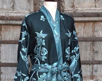 Deep Sea Blue Robes for Women, House Coat, Bridal Robe, Dressing Gown, Beachwear, Silk Kimono Robe, Bathrobe, Wedding Morning, Gift For Her