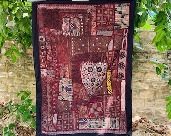 Vintage Sari Zari-gobeläng, indiska gobelänger med flera lapptäcken och pärlor, tung broderad väggbonad, handgjorda dekorationer