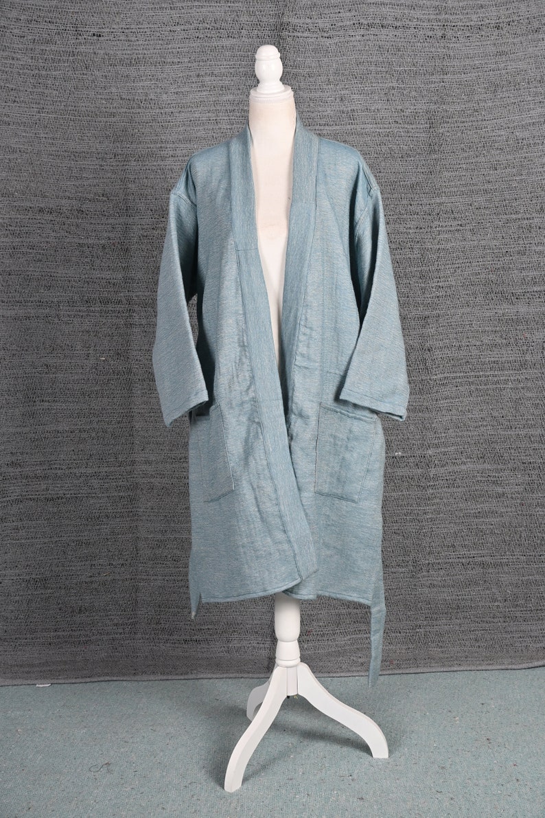 Cadet Blue Vicuna Robe, Luxurious Dressing Gown, Bath Robe, Lounge Wear, Kimono Robe, Authentic Peruvian Vicuña Fiber, Unisex, Gift Him/Her image 4