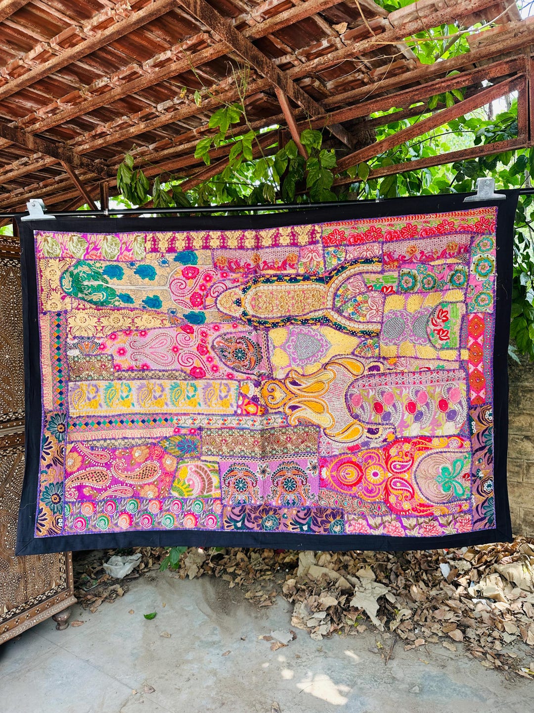Tenture Murale Artisanale, Patchwork Vintage, Décoration Ethnique