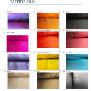 Pu&ograve; includere: Immagine che mostra una variet&agrave; di campioni di tessuto di seta taffet&agrave; in vari colori. I campioni includono viola, arancione, nero, rosa acceso, arancione mandarino, rosso mela, viola lucido, giallo senape, blu cielo, beige, oro e argento. Il testo "TAFFETA SILK" &egrave; in alto.