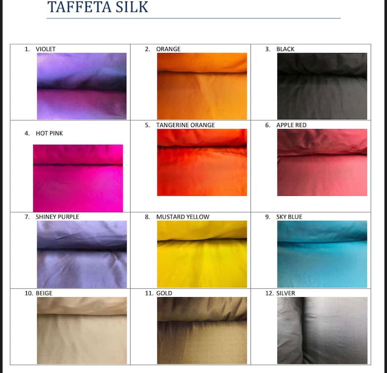 Pu&ograve; includere: Immagine che mostra una variet&agrave; di campioni di tessuto di seta taffet&agrave; in vari colori. I campioni includono viola, arancione, nero, rosa acceso, arancione mandarino, rosso mela, viola lucido, giallo senape, blu cielo, beige, oro e argento. Il testo "TAFFETA SILK" &egrave; in alto.