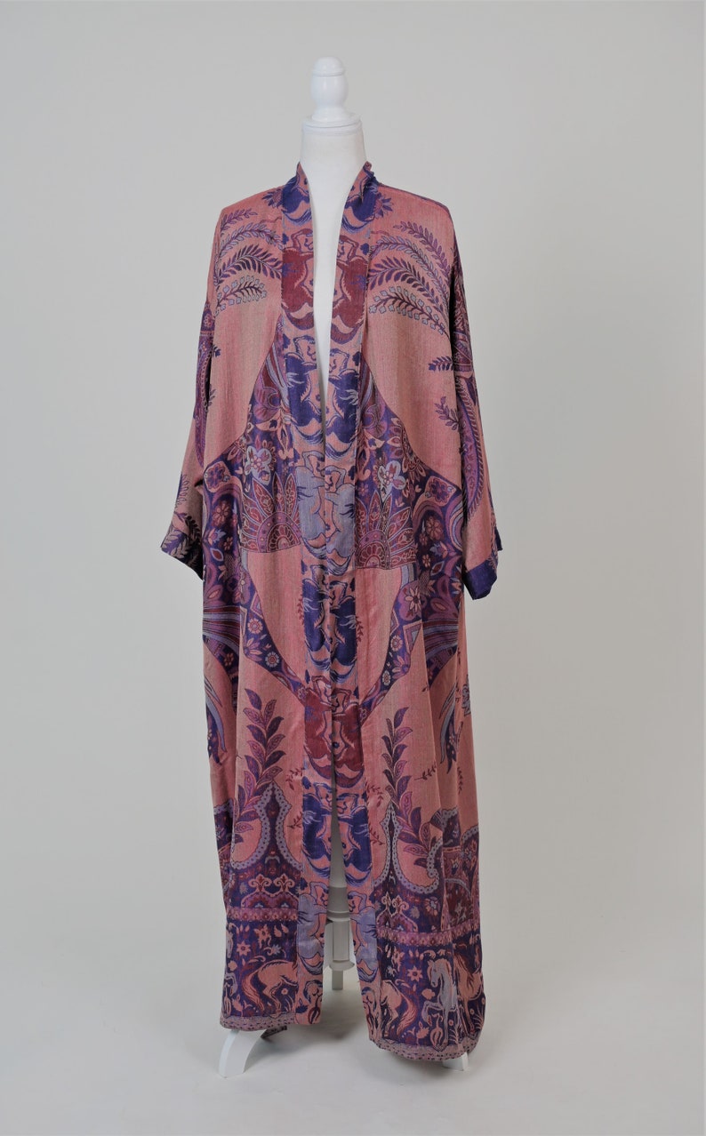 Picotee Blue Silk Kimono Robe, House Coat, Dressing Gown, Beachwear, Robe for Women, Bathrobe