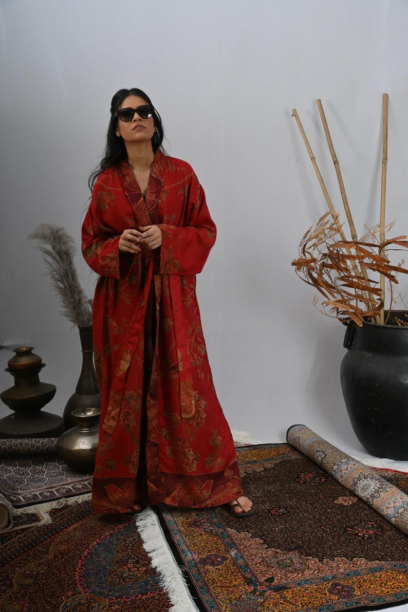 Women Dressing Gown, Long Cashmere Bamboo Silk Robe, Bamboo Silk Kimono