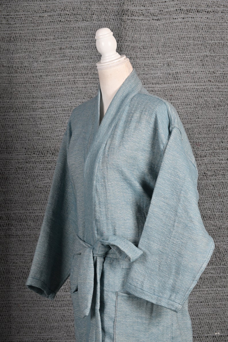 Cadet Blue Vicuna Robe, Luxurious Dressing Gown, Bath Robe, Lounge Wear, Kimono Robe, Authentic Peruvian Vicuña Fiber, Unisex, Gift Him/Her image 9