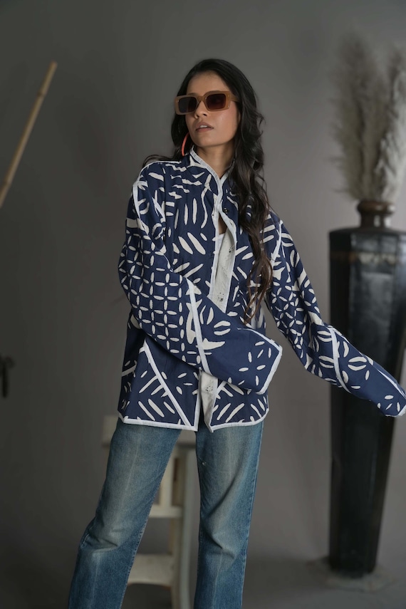 Handmade Jacket, Blue Traditional Cotton Jacket, Applique Quilt Jacket, Unisex Jacket, Boho Festival, Handmade Eco-fashion, Christmas Gift