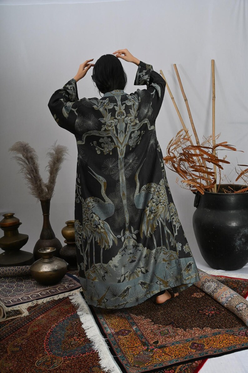 Women Dressing Gown, Long Cashmere Bamboo Silk Robe, Bamboo Silk Kimono