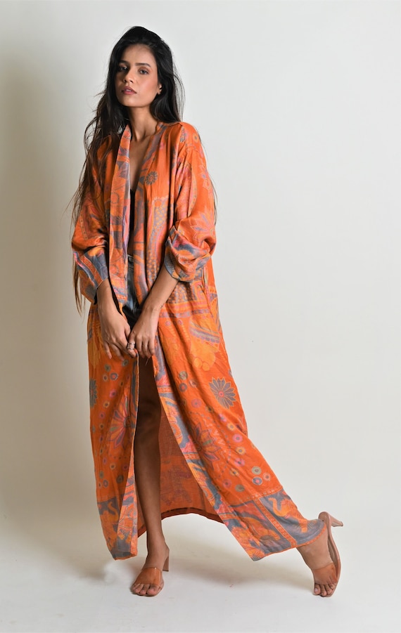 orange silk dressing gown Sunshine kimono robe