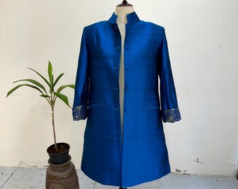 Blue Nehru Collar Coat, Long Jacket for Women, Unisex Silk Coat, Raw Silk Coat, Wedding Long Coat, Trench Silk Coat, Christmas Gift