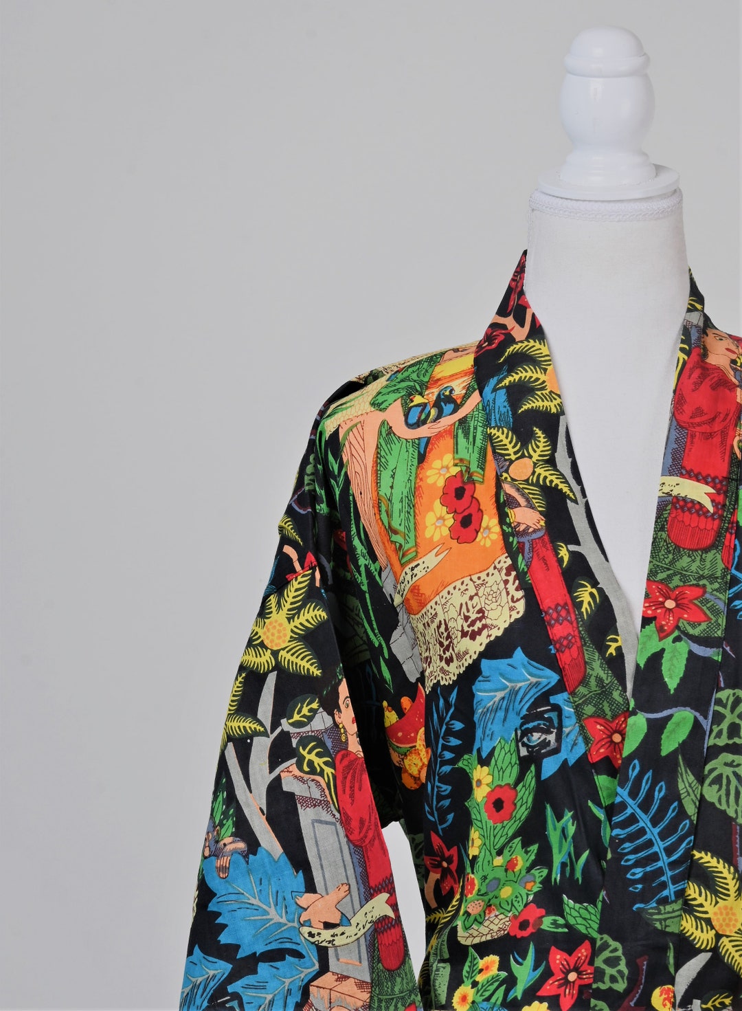 Black Jungle Print Dressing Gown House Coat Cotton Kimono Etsy