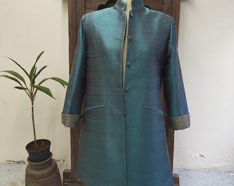 Yellow Raw Silk Long Coat: Handmade Nehru Collar Jacket