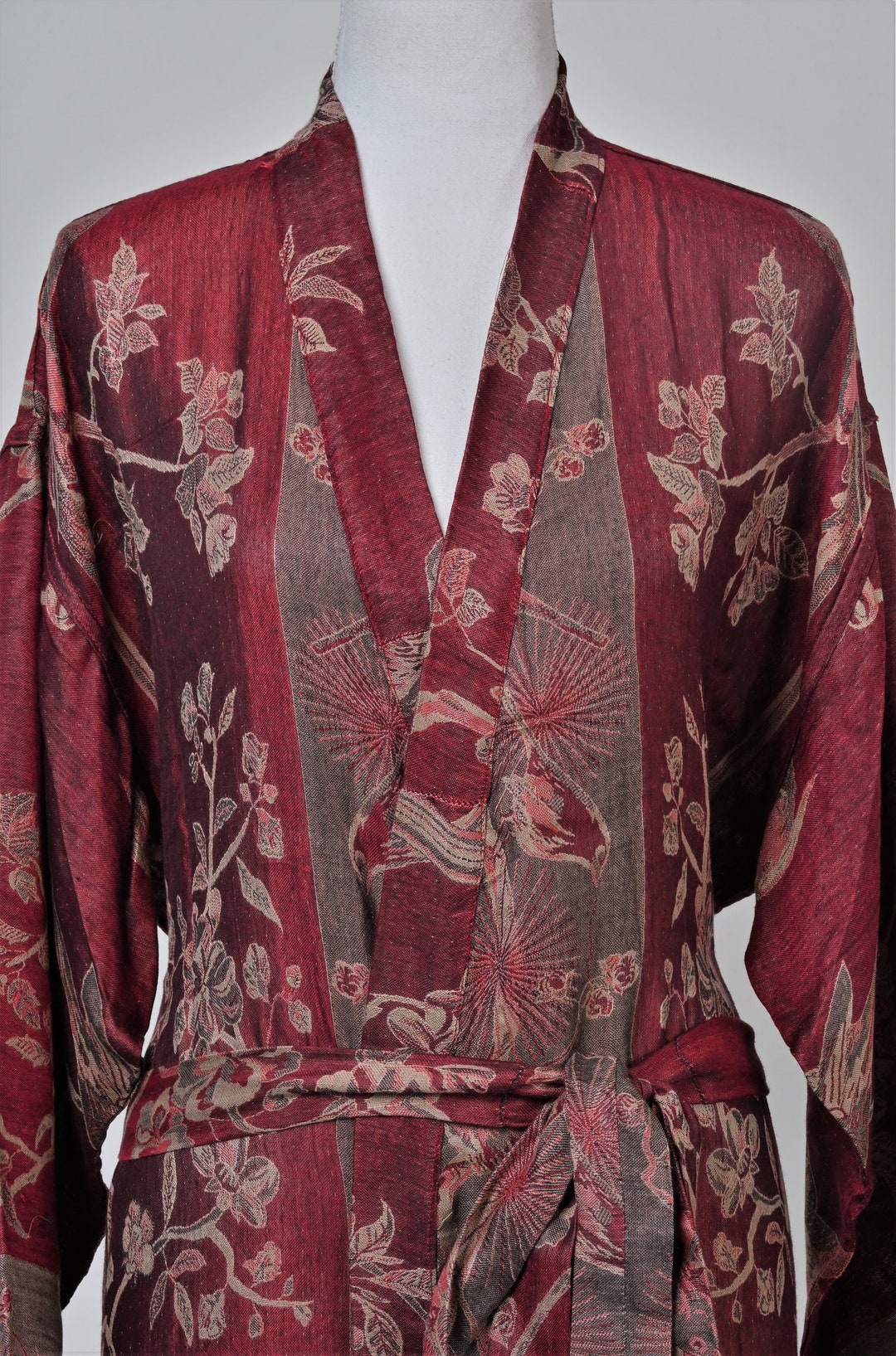 Cherry Red Silk Wool Robe: Floral Kimono Dressing Gown - Etsy