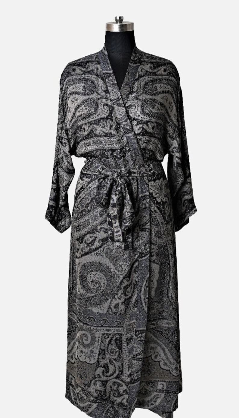 Space Black Silk Robe for Men, Dressing Gown, Reversible Robe, Men's Long Bathrobe, Silk Kimono