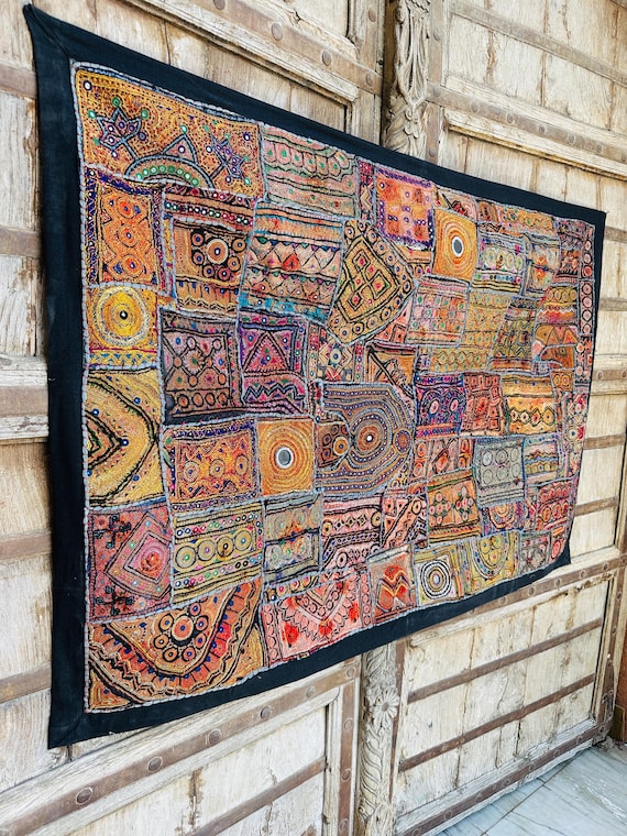 Heavy Fine Embroidered Wall Hanging, Indian Tapestries, Multi Patchwork Beads Runner, Vintage Zari Work Tapestry, Handmade Throw, Home Decor - Israel Heavy Fine Embroidered Wall Hanging, Indian Tapestries, Multi Patchwork Beads Runner, Vintage Zari Work Tapestry, Handmade Throw, Home Decor - Israel