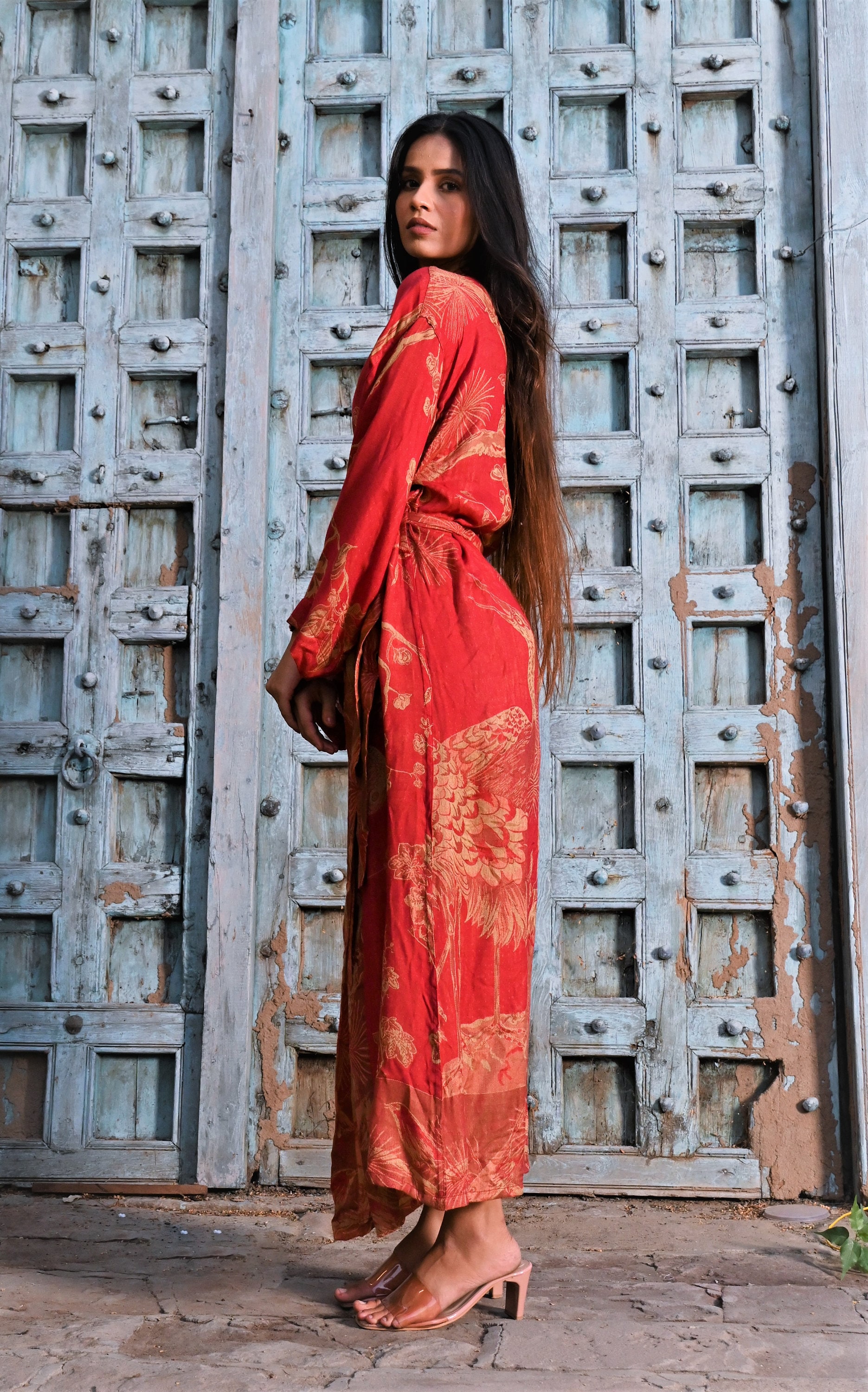 Cartagan Robe Yak Wool Bird Design Robe, Wool Cardigan, Long Wool Robe, Elegant Warm ...