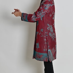 Wine Floral Cashmere Coat, Women Cashmere Jacket, Long Silk Coat, Trench Coat, Women Coat, Wedding Guest Outfit, Cardigan, Gift for Her image 5