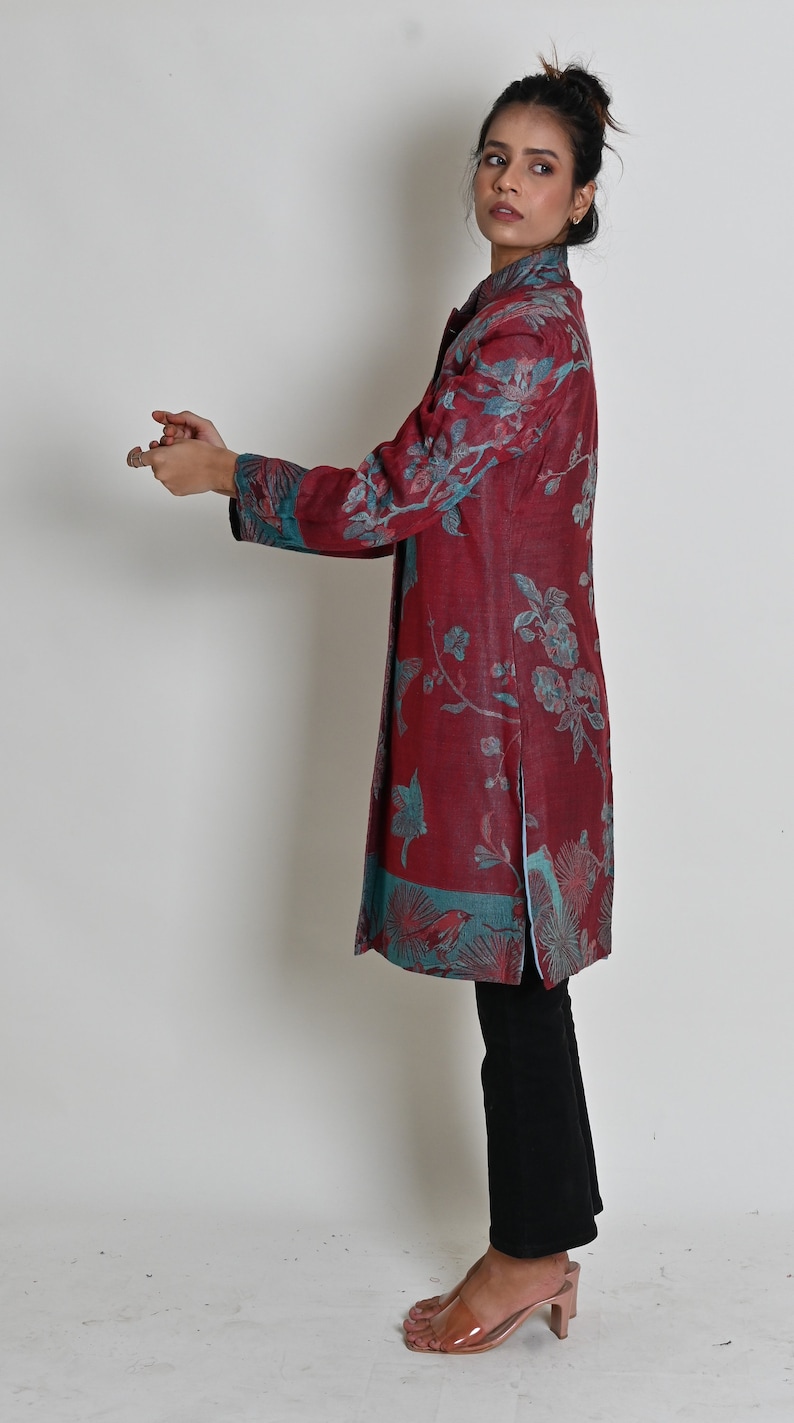 Wine Floral Cashmere Coat, Women Cashmere Jacket, Long Silk Coat, Trench Coat, Women Coat, Wedding Guest Outfit, Cardigan, Gift for Her image 5