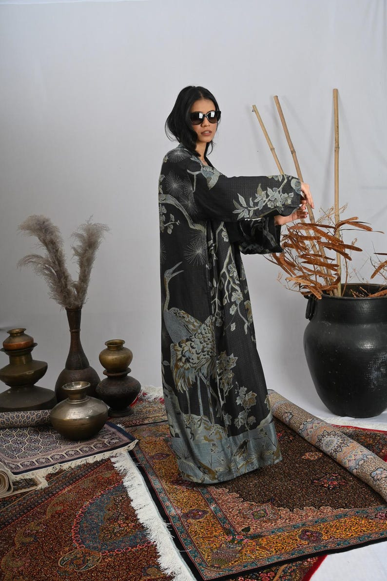 Women Dressing Gown, Long Cashmere Bamboo Silk Robe, Bamboo Silk Kimono