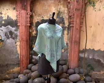 Poncho de cashmere ciano, capa de poncho de inverno, roupas femininas, poncho tecido à mão, poncho de malha, roupas boho para meninas, presente para ela