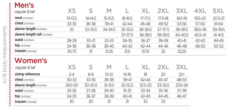 Pu&ograve; includere: Tabella delle misure corporee per uomo e donna, inclusi collo, torace, lunghezza manica, vita, fianchi e interno gamba. Le misure sono in pollici, per taglie da XS a 5XL per uomo e da XS a 3XL per donna.