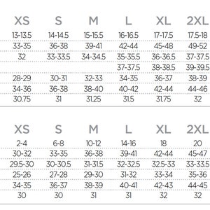 May include: A size chart detailing body measurements for men and women. Measurements are in inches, covering neck, chest, sleeve length, waist, hip, and inseam. Sizes range from XS to 5XL for men and XS to 3XL for women.