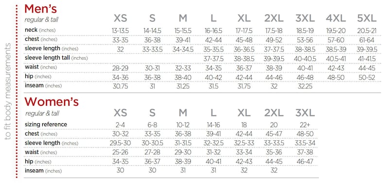May include: A size chart detailing body measurements for men and women. Measurements are in inches, covering neck, chest, sleeve length, waist, hip, and inseam. Sizes range from XS to 5XL for men and XS to 3XL for women.
