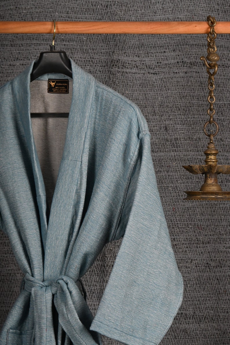 Cadet Blue Vicuna Robe, Luxurious Dressing Gown, Bath Robe, Lounge Wear, Kimono Robe, Authentic Peruvian Vicuña Fiber, Unisex, Gift Him/Her image 1