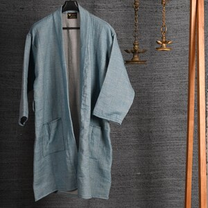 Cadet Blue Vicuna Robe, Luxurious Dressing Gown, Bath Robe, Lounge Wear, Kimono Robe, Authentic Peruvian Vicuña Fiber, Unisex, Gift Him/Her image 2