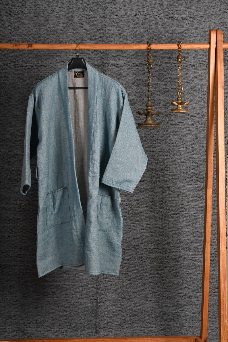 Cadet Blue Vicuna Robe, Luxurious Dressing Gown, Bath Robe, Lounge Wear, Kimono Robe, Authentic Peruvian Vicuña Fiber, Unisex, Gift Him/Her image 2