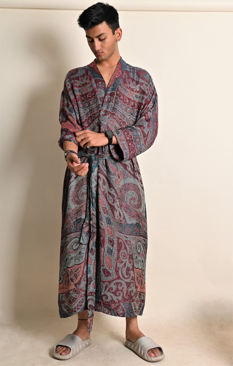 Space Black Silk Robe for Men, Dressing Gown, Reversible Robe, Men's Long Bathrobe, Silk Kimono