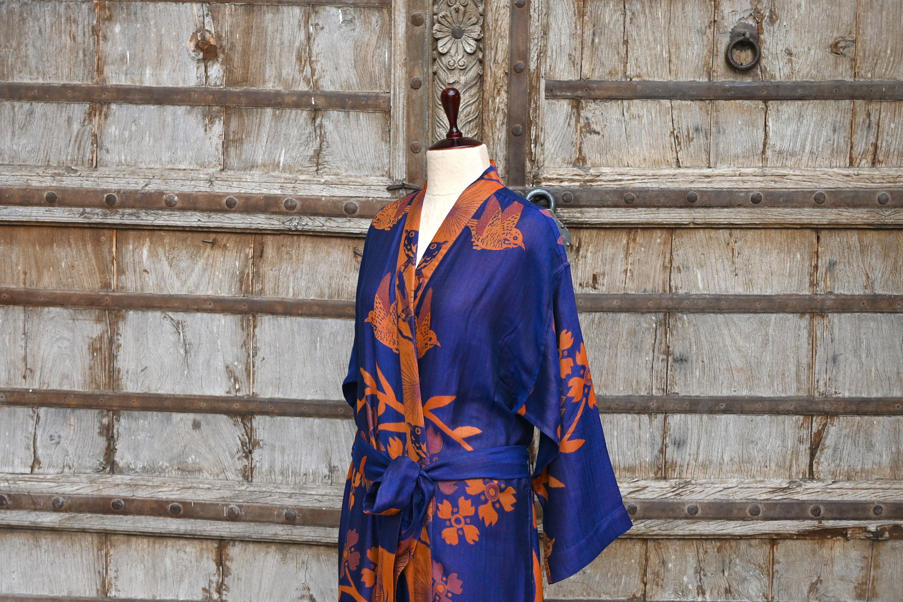 cobalt print satin kimono maxi dress Cobalt Blue Long Dressing Gown, House Coat, Kaftan for Women, Wedding Morning, Silk Kimono Robe, Plus Sized Robes, Lounge wear, Gift Her