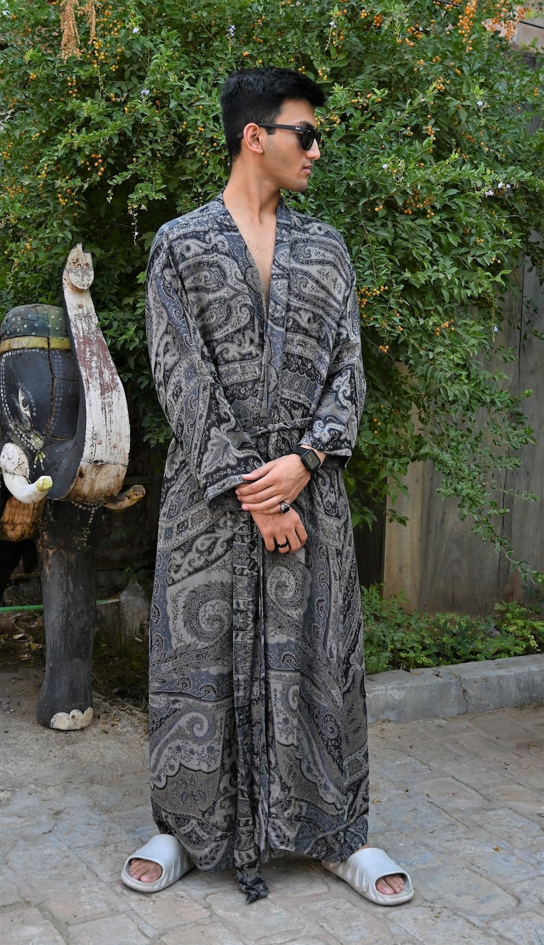 Space Black Silk Robe for Men, Dressing Gown, Reversible Robe, Men's Long Bathrobe, Silk Kimono