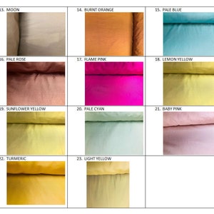 Pu&ograve; includere: Una griglia di campioni di tessuto in vari colori, tra cui Moon, Burnt Orange, Pale Blue, Pale Rose, Flame Pink, Lemon Yellow, Sunflower Yellow, Pale Cyan, Baby Pink, Turmeric e Light Yellow. Ogni campione &egrave; etichettato con il suo nome di colore.