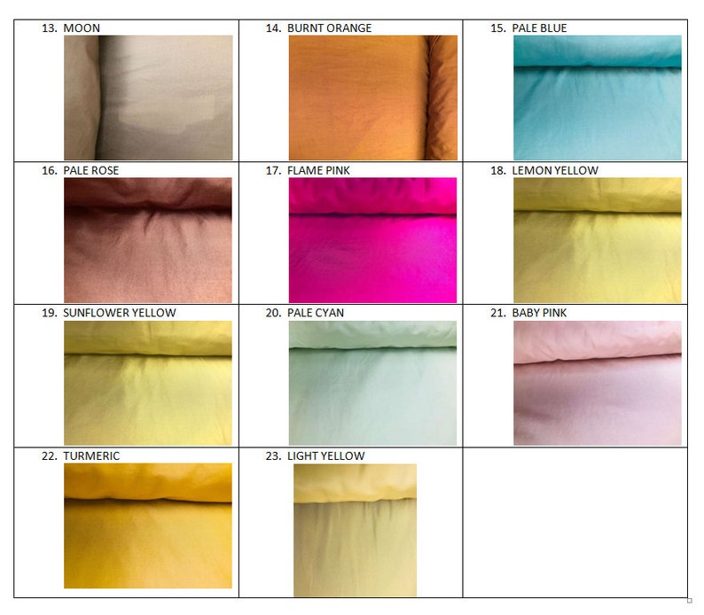 Pu&ograve; includere: Una griglia di campioni di tessuto in vari colori, tra cui Moon, Burnt Orange, Pale Blue, Pale Rose, Flame Pink, Lemon Yellow, Sunflower Yellow, Pale Cyan, Baby Pink, Turmeric e Light Yellow. Ogni campione &egrave; etichettato con il suo nome di colore.