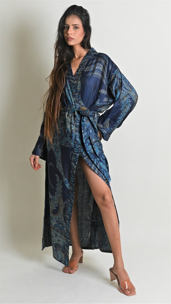 Chelsea Blue Silk Wool Kimono Robe: Reversible Dressing Gown