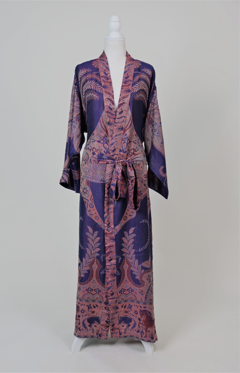 Picotee Blue Silk Kimono Robe, House Coat, Dressing Gown, Beachwear, Robe for Women, Bathrobe