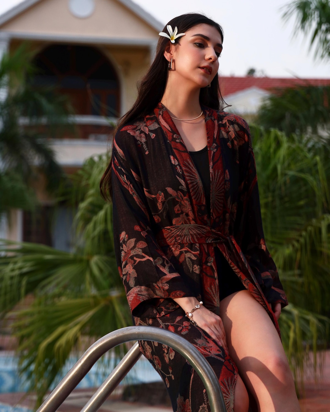 Reversible Cashmere Robe Noir Cherry Cashmere Silk Robe: Women's Reversible Kimono Kaftan ...