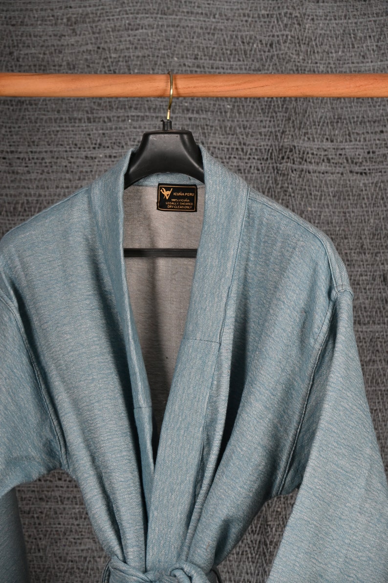 Cadet Blue Vicuna Robe, Luxurious Dressing Gown, Bath Robe, Lounge Wear, Kimono Robe, Authentic Peruvian Vicuña Fiber, Unisex, Gift Him/Her image 3