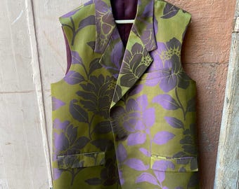 Chaleco de seda con brocado floral, cuello en V y bolsillos, unisex, a medida, para boda, chaqueta tradicional, sin mangas.