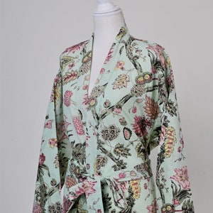 Pale Mint Floral Print Cotton Kimono Bathrobe, Beach cover up, Dressing Gown, House Coat, Robe for Women, Plus Sized Robe, Loungewear, Gift